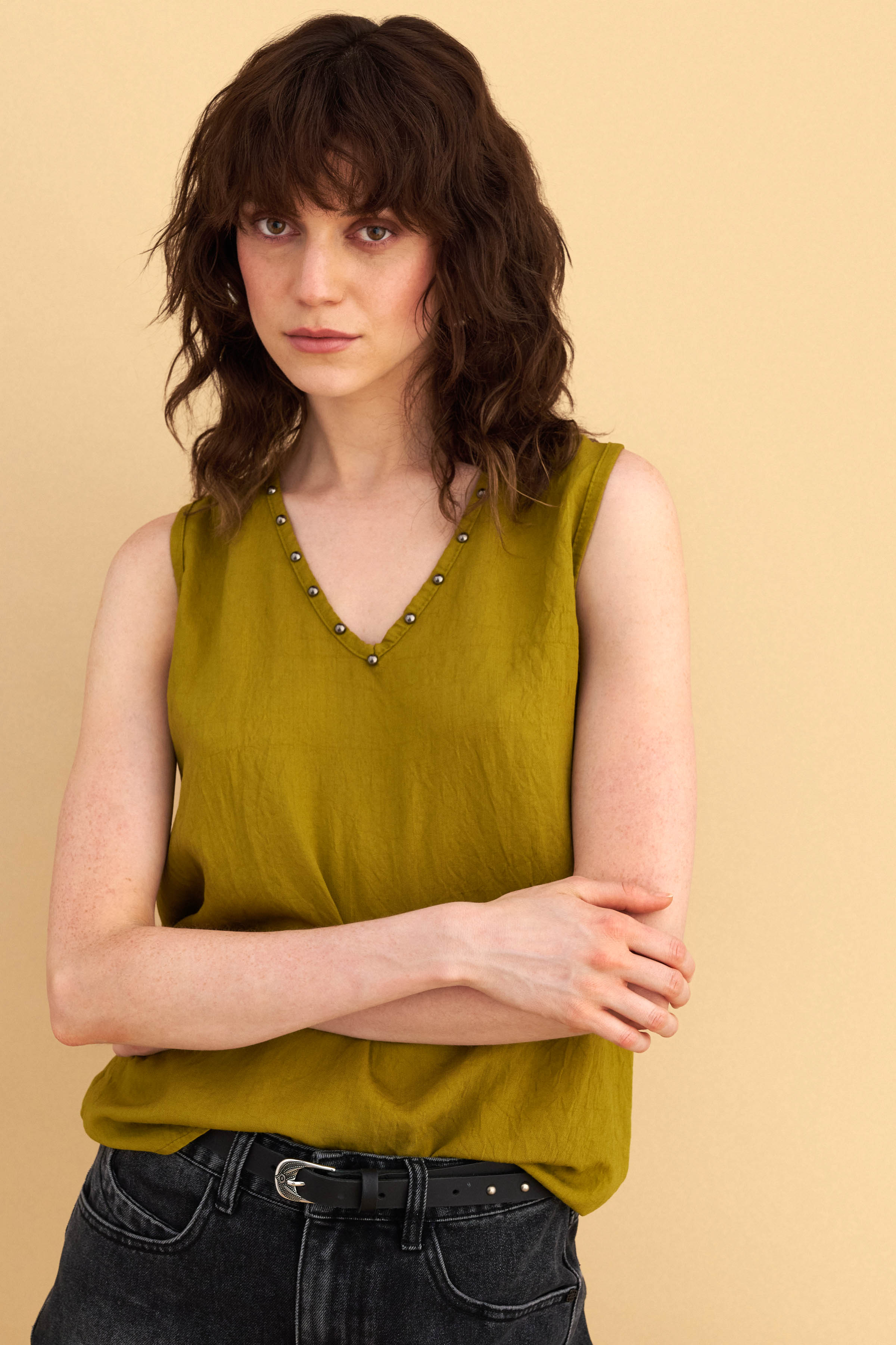 V neck top with decorative stud details - Green