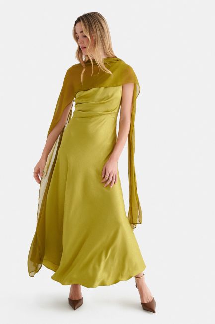 One-shoulder maxi dress with scarf - Green