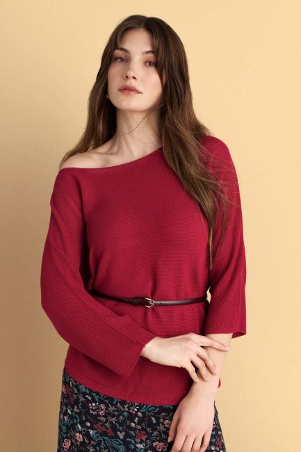Wide-neck knit blouse - Red