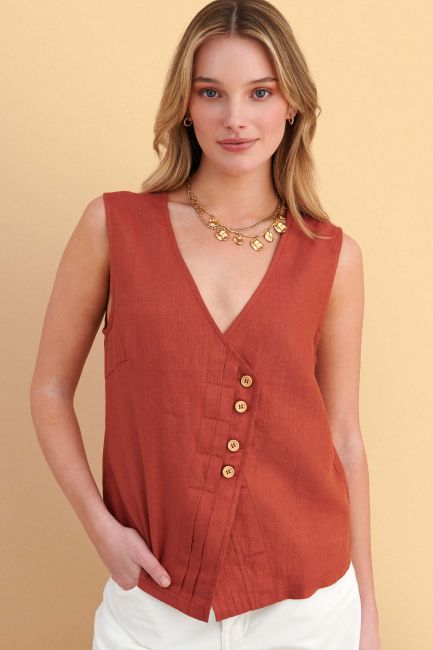 Asymmetric sleeveless linen top - Red
