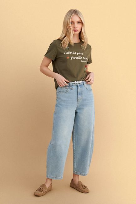 Short-sleeved top with print and embroidery - Green