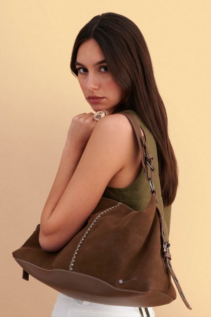 Suede-effect shoulder bag - Brown