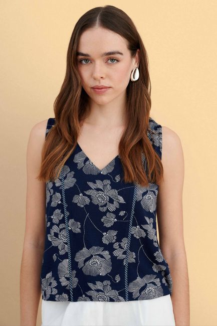 Sleeveless floral top - Blue
