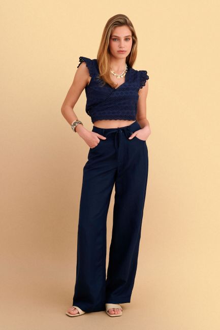 Linen-effect wide-leg pants with drawstring - Blue