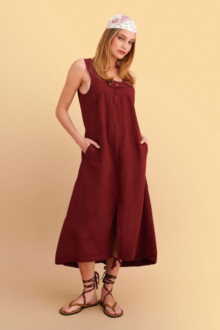 Linen-effect balloon midi dress - Red