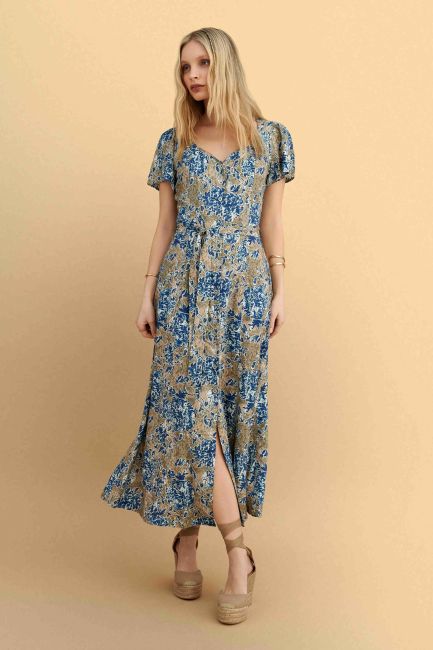 Maxi printed dress with belt - Beige