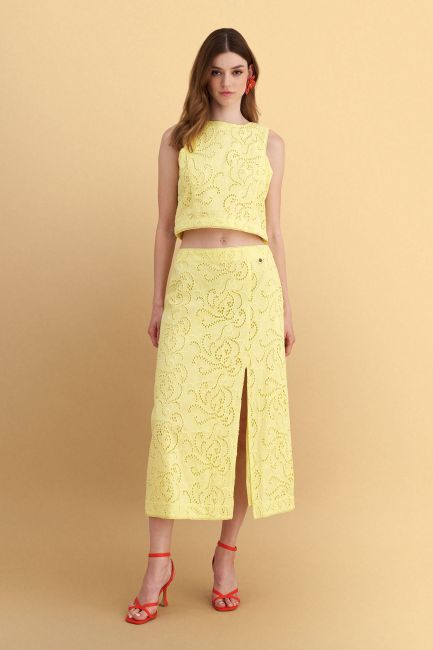 Broderie midi skirt with slit - Yellow
