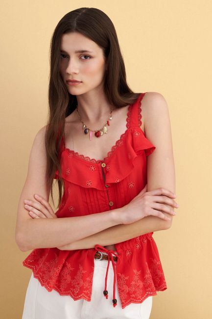 Embroidered ruffle cami top - Red