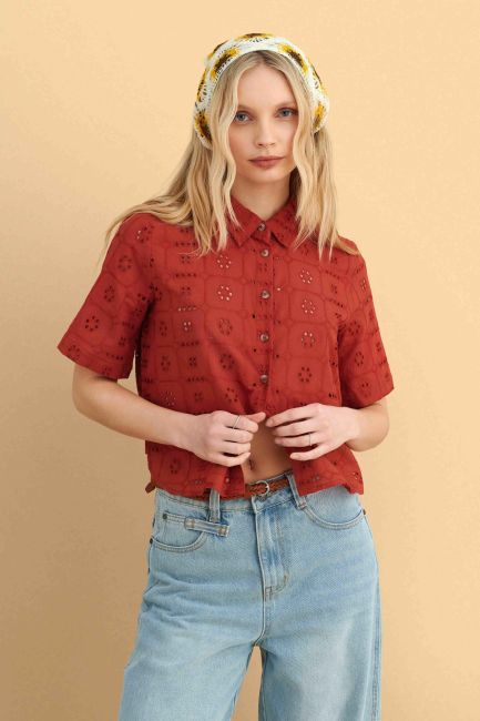 Short sleeve broderie shirt - Red