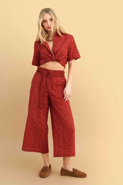 Broderie zip culottes with belt - Red