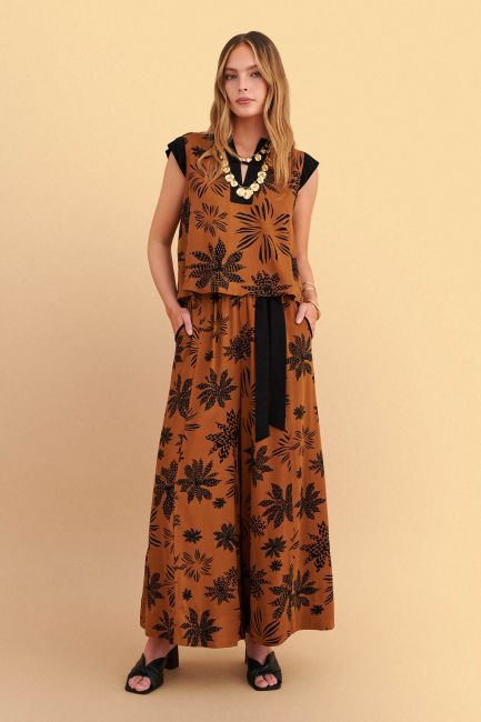 Belted printed wide-leg trousers - Brown