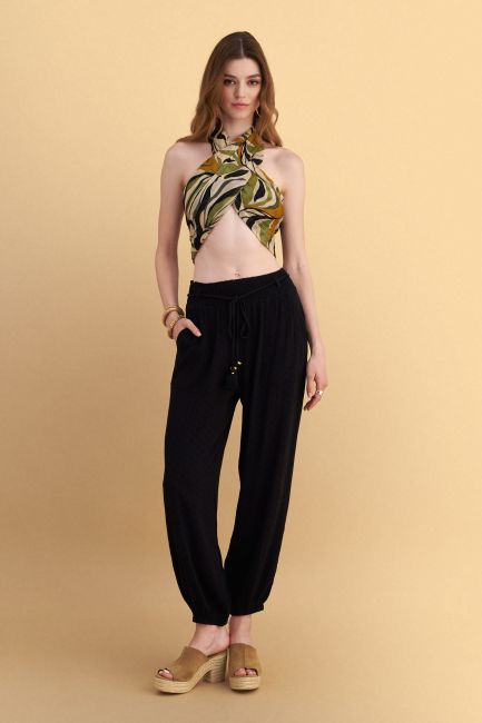 Harem pants with elastic waist and belt - Black