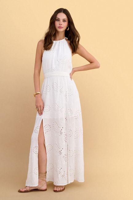 Broderie maxi dress with belt - White