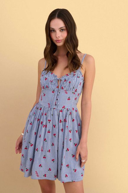 Checkered mini dress with cherry embroidery - Blue