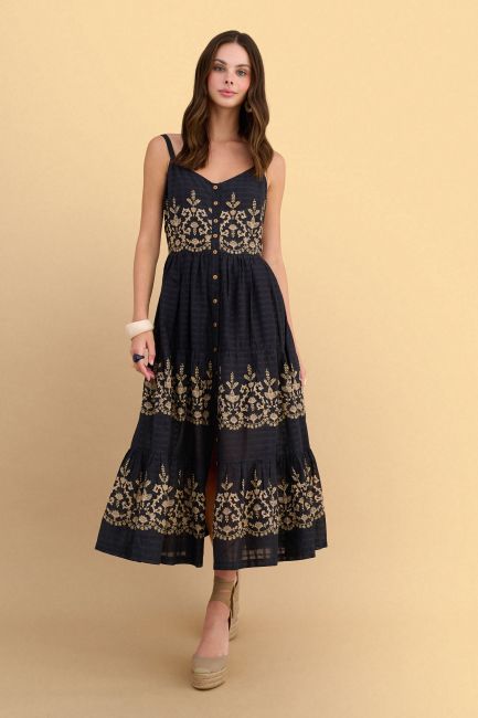 Boho midi dress with embroidered design - Black