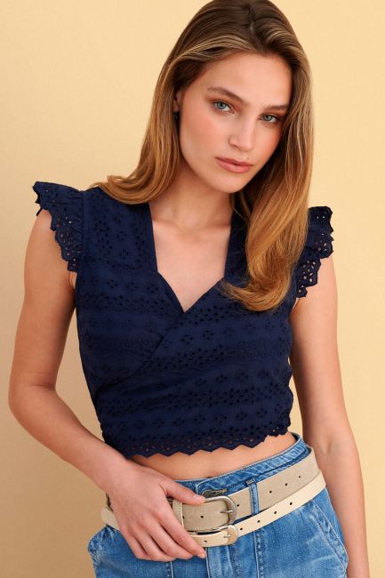 Crop top broderie με δέσιμο - Μπλε
