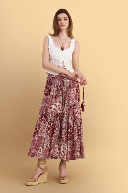 Printed maxi skirt with thin belt - Multicolor