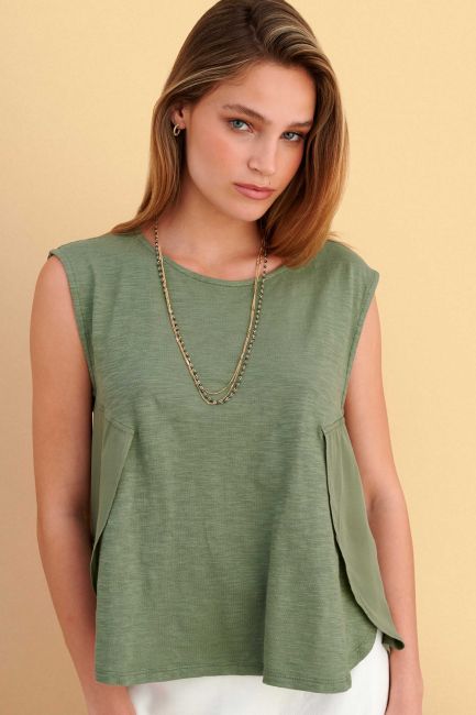 Sleeveless top with mixed materials - Green