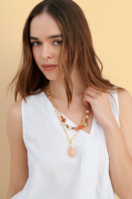 Layered chain necklace with stones - Gold