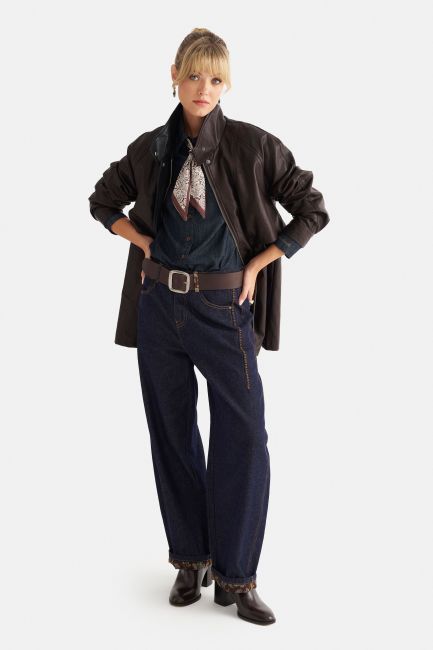 Baggy jeans with patterned turn-up cuffs - Blue