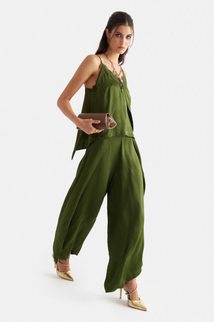 Satin-look wide-leg trousers - Green