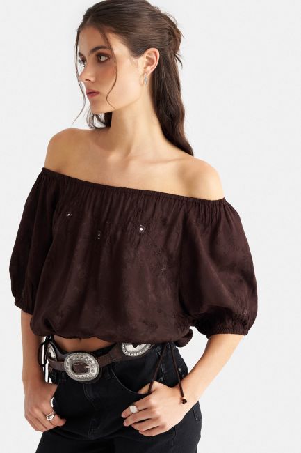 Patterned top with drawstrings - Brown