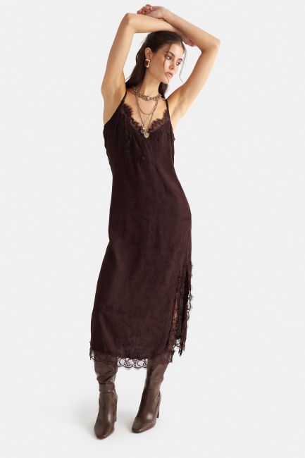 Patterned midi dress with lace - Brown