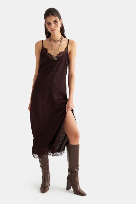 Patterned midi dress with lace - Brown