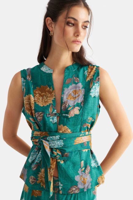 Printed top with belt - Blue