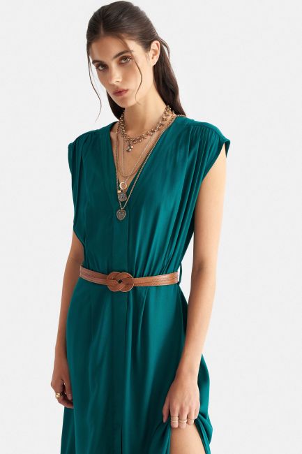 Solid-color maxi dress with belt - Blue