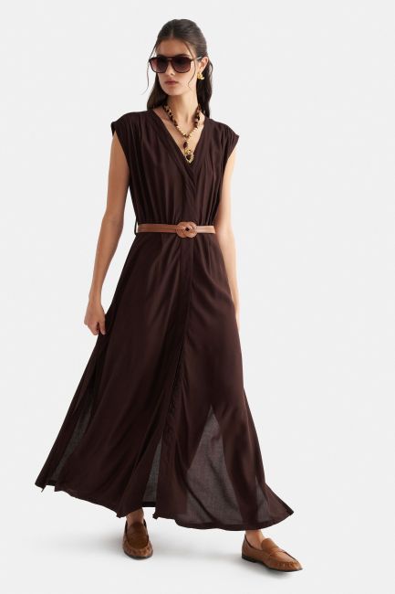 Solid-color maxi dress with belt - Brown