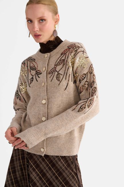 Ζακέτα πλεκτή με σχέδια από πούλιες - Μπεζ