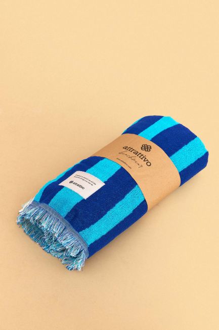 Striped beach towel with lettering - Blue
