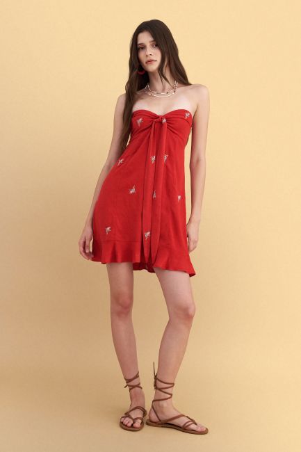 Strapless embroidered mini dress - Red