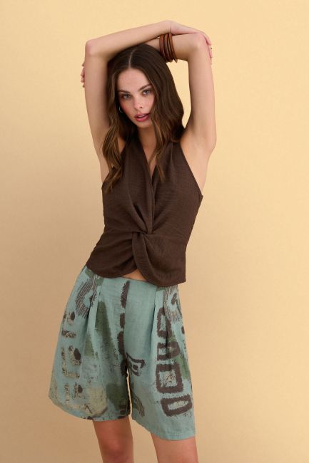 Printed linen bermuda - Green