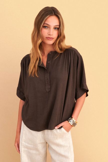 Linen-effect tunic with buttons - Brown