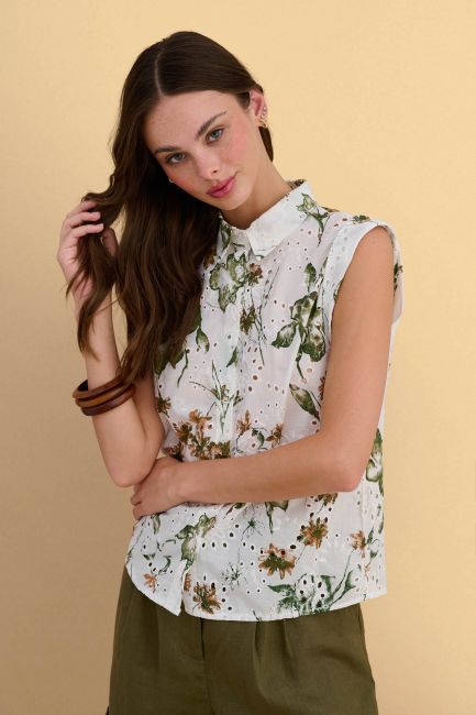 Floral broderie shirt - White