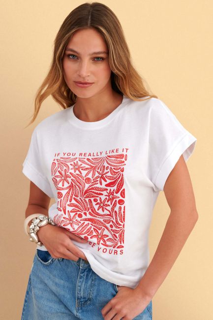 T-shirt with print and strass - White