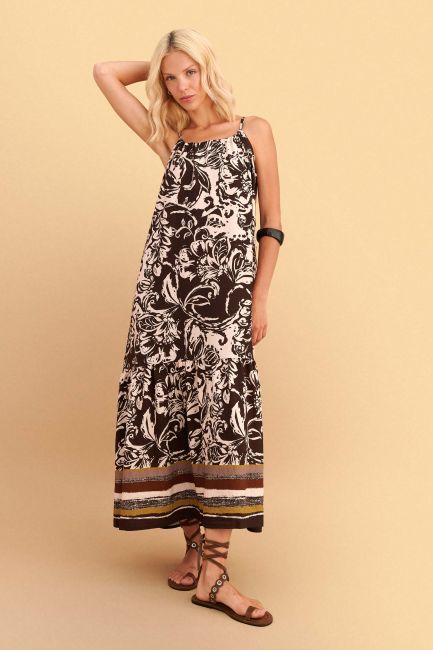 Printed maxi dress with spaghetti straps - Brown