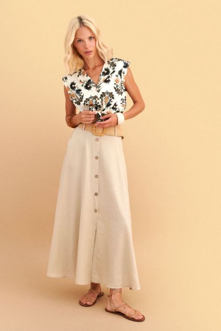 Maxi skirt with linen effect and belt - White