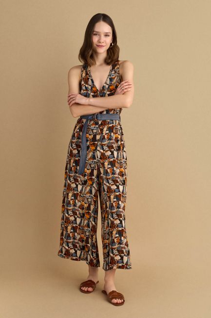 Denim-belted printed jumpsuit - Multicolor