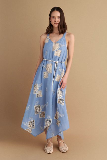 Belted embroidery asymmetrical dress - Blue