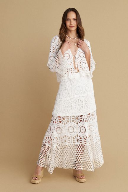 Embroidered perforated maxi skirt - White