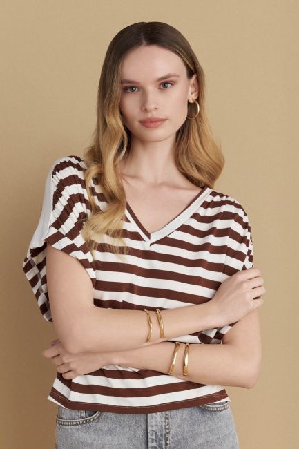 Short-sleeved striped top - Brown