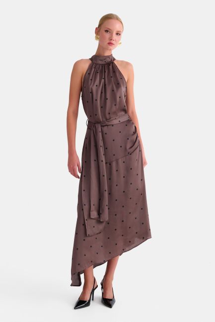 Polka dot maxi dress in satin style - Brown