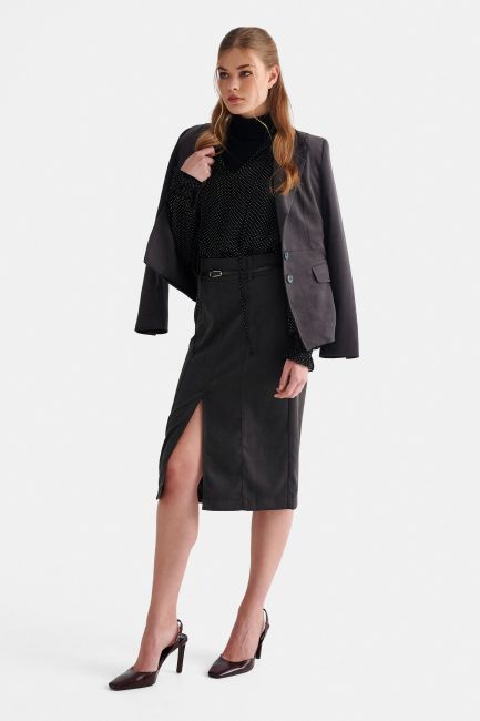 High-waisted straight-cut midi skirt with a front slit - Grey
