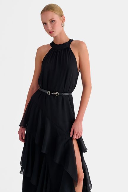 Maxi dress with slit and belt - Black