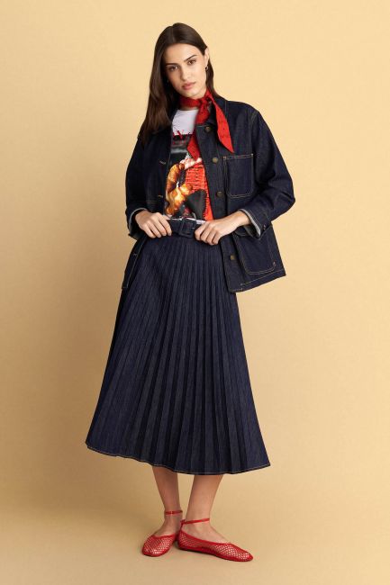 Denim pleated skirt with belt - Blue