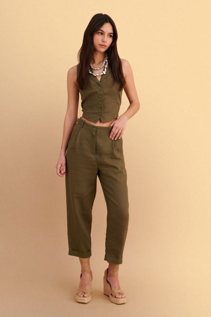 Linen trousers with turn-ups - Green