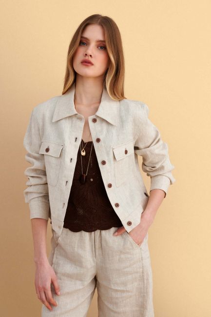 Linen jacket with pocket - Beige